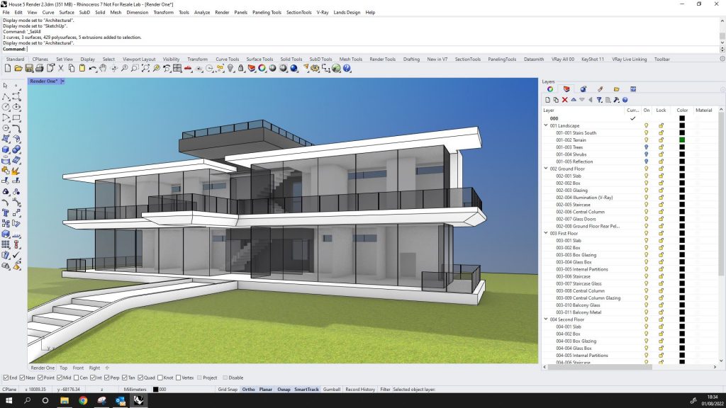 Screenshot shows a Rhino 3D CAD software interface, with the workings of an Architectural building being modelled. 