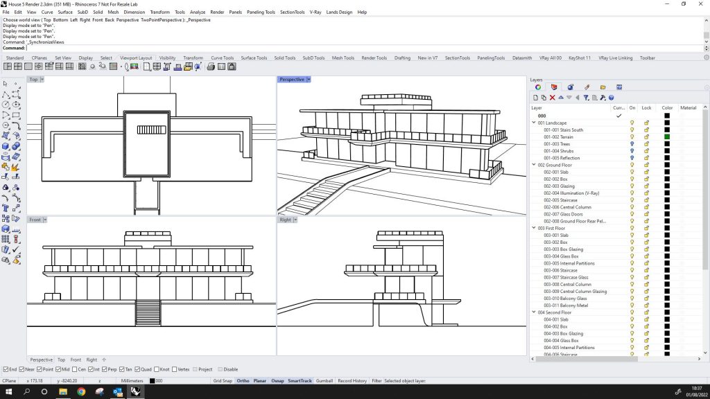 Screenshot shows a Rhino 3D CAD software interface with 4-views, the model is a building.