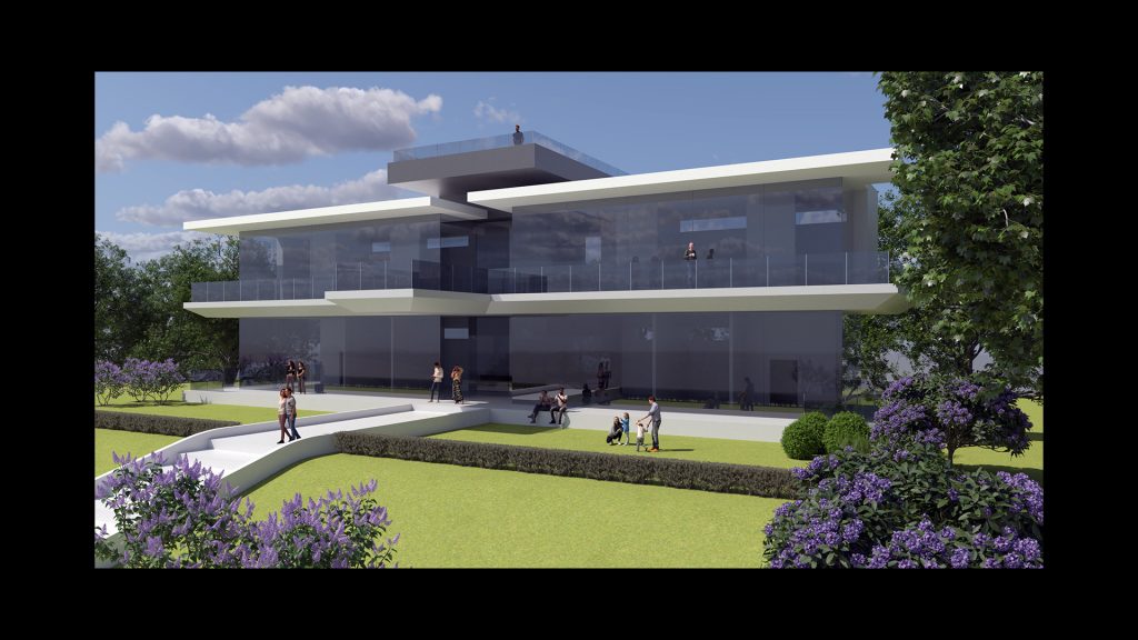Image shows a scene rendered using V-Ray for Rhino software. There is a large wide glass 2-storey building with a roof terrace. In the foreground there is grass, shrubs and people.
