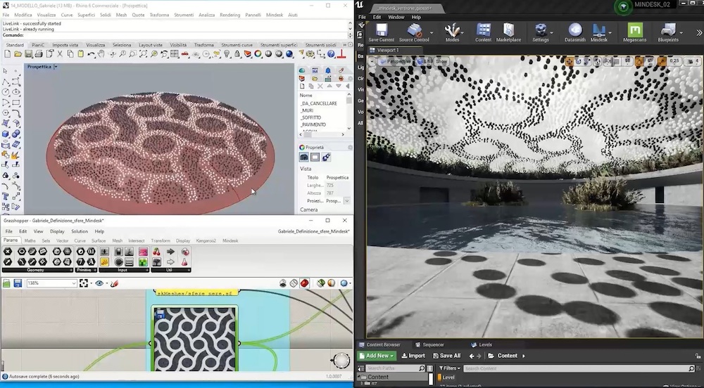 Screenshot of Mindesk allowing livelinking with rhino 3D, Grasshopper and Unreal.