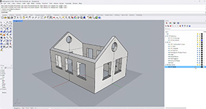 A screenshot from the video 'Rhino 8 for SketchUp Users - New and Improved Solid modelling Tools'. The screenshot shows a section of the video where a house is being modelled in Rhino3D CAD software.