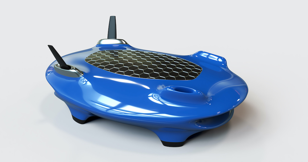An image of a submersible designed using Rhino 3D software and rendered using V-Ray for Rhino, the object is blue and an oval flat shape with 4 short legs and a grill like surface to the top.