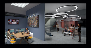 Rendered scene of a contemporary basement office reception area with people arriving and working.