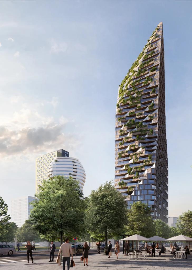 A photorealistic rendered image showing a tall angular skyscraper building with vegetation at various levels. In the foreground there are people, trees and a seated area showing people sat under parasols.