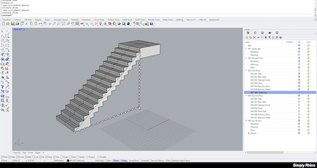 Screenshot of a Rhino3D interface showing the 3D modelling of a staircase.