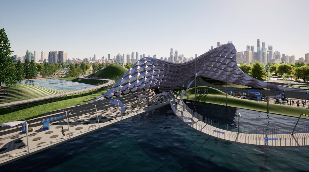 Image shows a screenshot of a scene with a central pavilion by a waterfront with a skyscraper background, designed in Rhino and Grasshopper which has been rendered in Twinmotion.